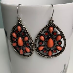 Coral beaded teardrop pendant earrings